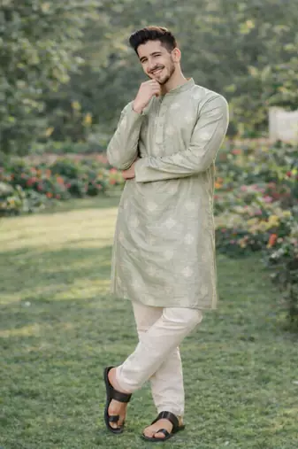 Pista color mate copper sequence work parbon silk kurta payjama set