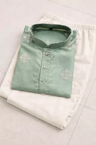 Pista color mate copper sequence work parbon silk kurta payjama set