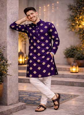 Purple color mate copper sequence work parbon silk kurta payjama set 1