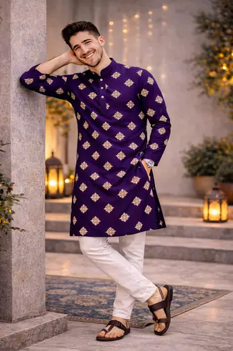 Purple color mate copper sequence work parbon silk kurta payjama set