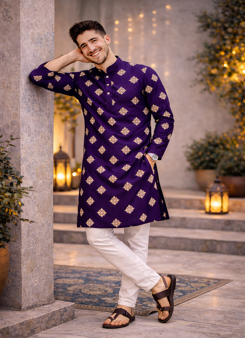 Purple color mate copper sequence work parbon silk kurta payjama set