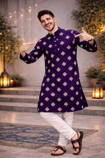 Purple color mate copper sequence work parbon silk kurta payjama set