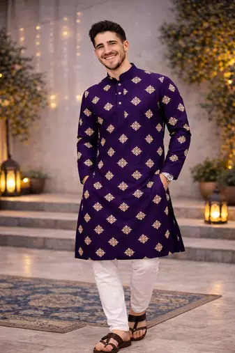 Purple color mate copper sequence work parbon silk kurta payjama set