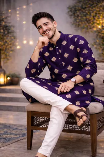 Purple color mate copper sequence work parbon silk kurta payjama set