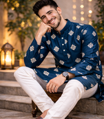 Teal color mate copper sequence work parbon silk kurta payjama set