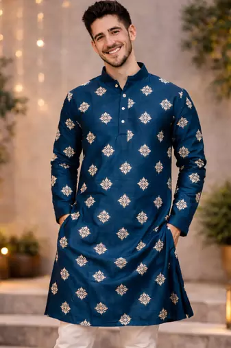 Teal color mate copper sequence work parbon silk kurta payjama set