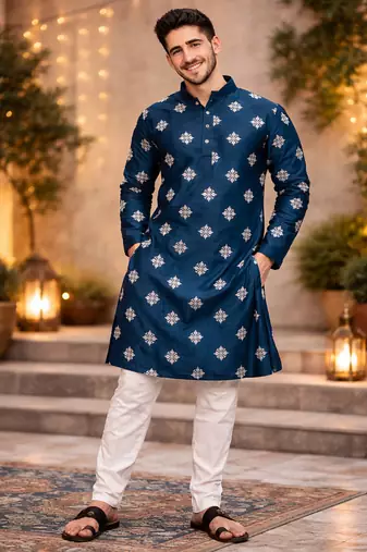 Teal color mate copper sequence work parbon silk kurta payjama set