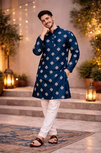Teal color mate copper sequence work parbon silk kurta payjama set