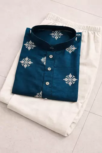 Teal color mate copper sequence work parbon silk kurta payjama set