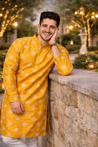 Yellow color mate copper sequence work parbon silk kurta payjama set