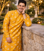 Yellow color mate copper sequence work parbon silk kurta payjama set