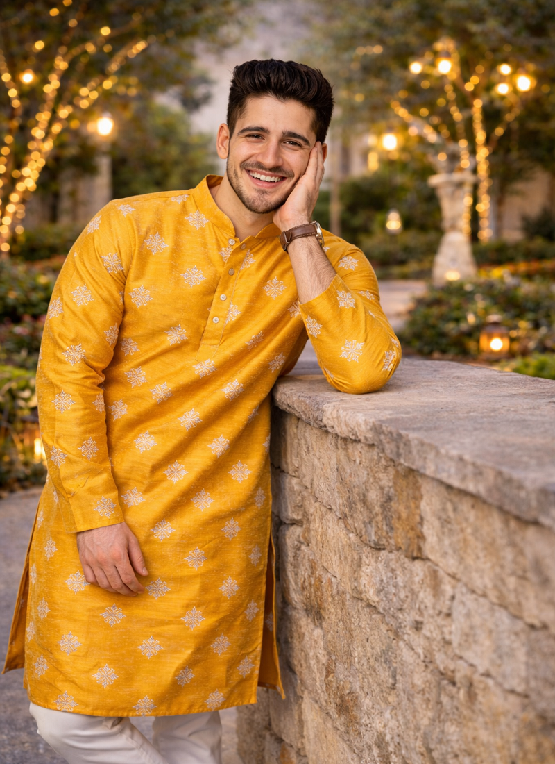 Yellow color mate copper sequence work parbon silk kurta payjama set