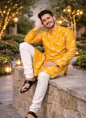 Yellow color mate copper sequence work parbon silk kurta payjama set 2