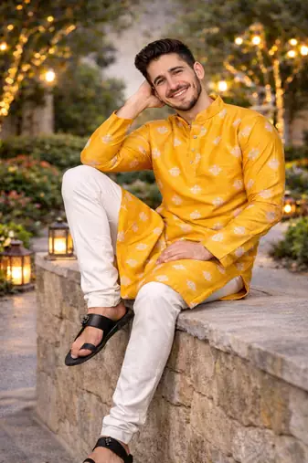 Yellow color mate copper sequence work parbon silk kurta payjama set