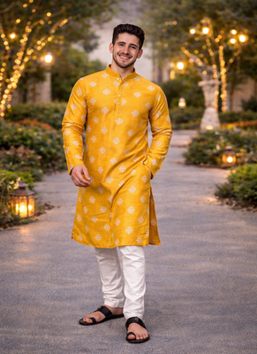 Yellow color mate copper sequence work parbon silk kurta payjama set 3