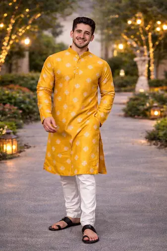 Yellow color mate copper sequence work parbon silk kurta payjama set