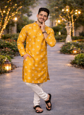 Yellow color mate copper sequence work parbon silk kurta payjama set 4