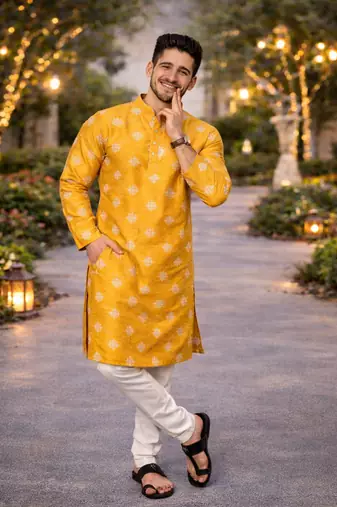 Yellow color mate copper sequence work parbon silk kurta payjama set