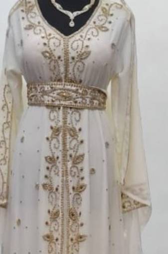 Luxurious White Kaftan With Gold Work Stitched Dress