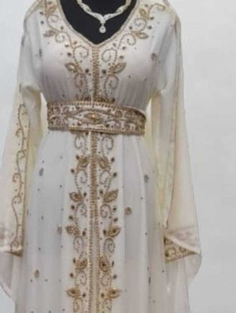 Luxurious White Kaftan With Gold Work Stitched Dress
