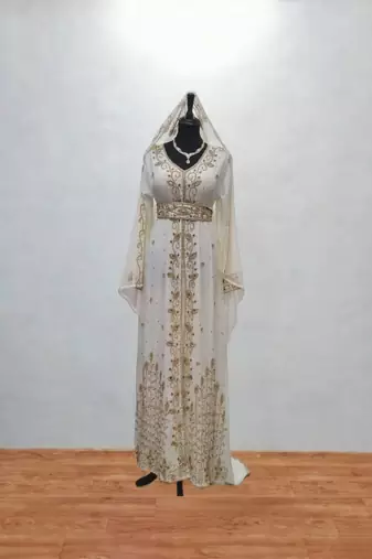 Luxurious White Kaftan With Gold Work Stitched Dress