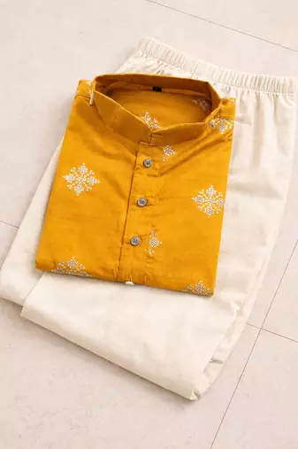 Yellow color mate copper sequence work parbon silk kurta payjama set