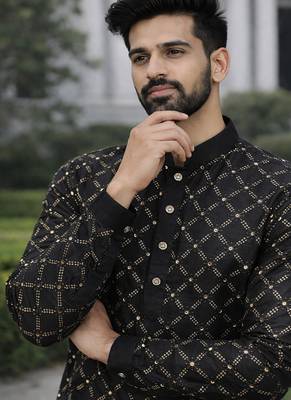 Black color silver and mate sequence embroidery work silk kurta payjama set 2