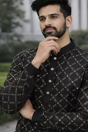 Black color silver and mate sequence embroidery work silk kurta payjama set