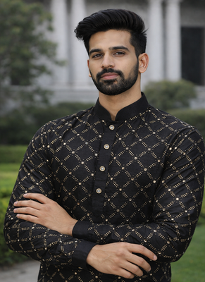 Black color silver and mate sequence embroidery work silk kurta payjama set 3