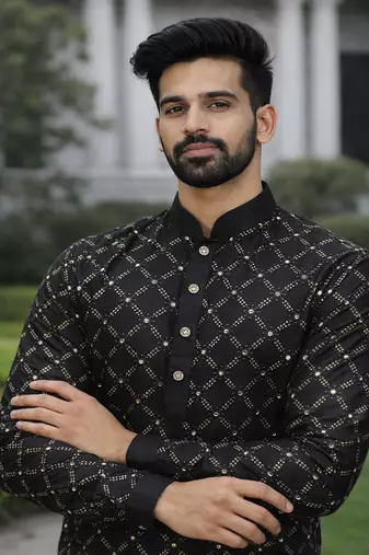 Black color silver and mate sequence embroidery work silk kurta payjama set