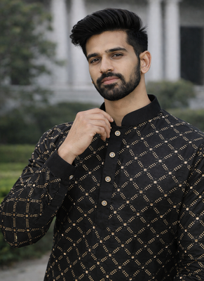 Black color silver and mate sequence embroidery work silk kurta payjama set 4