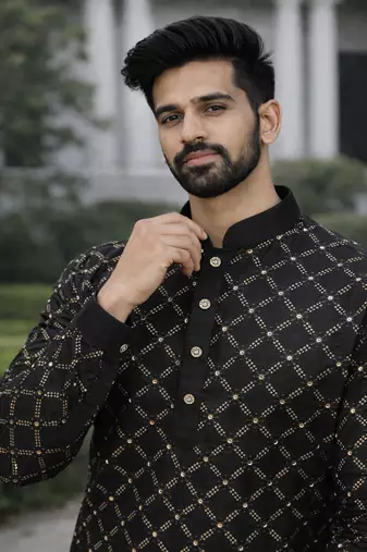Black color silver and mate sequence embroidery work silk kurta payjama set