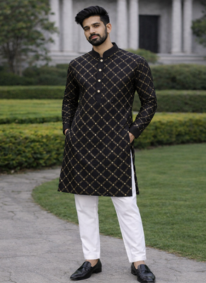 Black color silver and mate sequence embroidery work silk kurta payjama set 1