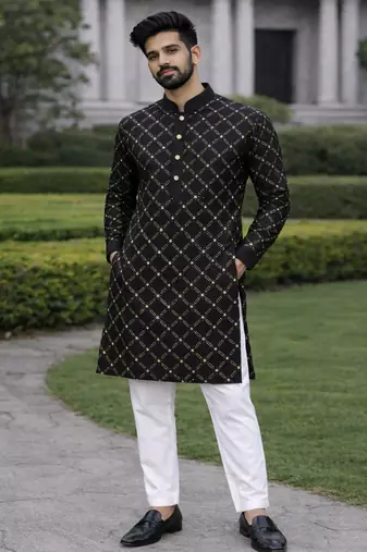 Black color silver and mate sequence embroidery work silk kurta payjama set