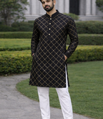 Black color silver and mate sequence embroidery work silk kurta payjama set