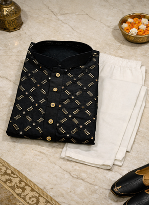 Black color silver and mate sequence embroidery work silk kurta payjama set 5