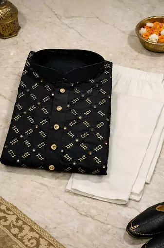Black color silver and mate sequence embroidery work silk kurta payjama set