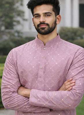 Lavender color silver and mate sequence embroidery work silk kurta payjama set 2