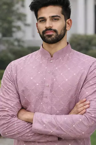 Lavender color silver and mate sequence embroidery work silk kurta payjama set