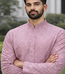 Lavender color silver and mate sequence embroidery work silk kurta payjama set
