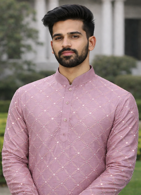 Lavender color silver and mate sequence embroidery work silk kurta payjama set 3