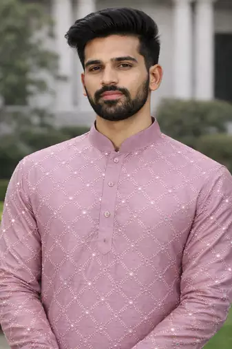 Lavender color silver and mate sequence embroidery work silk kurta payjama set