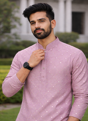 Lavender color silver and mate sequence embroidery work silk kurta payjama set 4