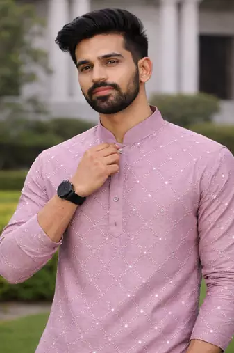 Lavender color silver and mate sequence embroidery work silk kurta payjama set