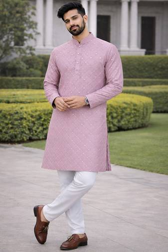 Lavender color silver and mate sequence embroidery work silk kurta payjama set