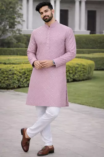 Lavender color silver and mate sequence embroidery work silk kurta payjama set