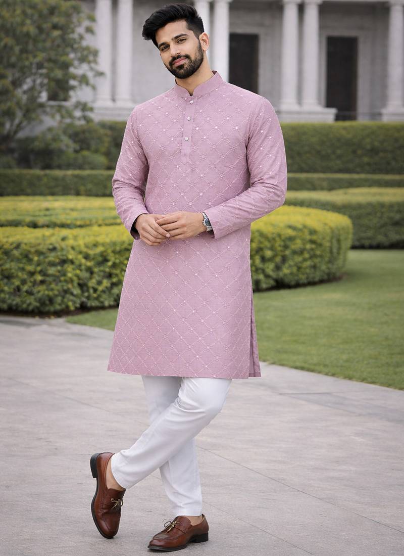 Lavender color silver and mate sequence embroidery work silk kurta payjama set