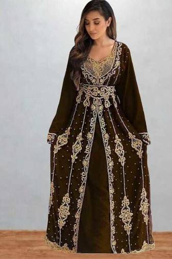 Luxurious brown Kaftan With Gold Work Stitched Dress