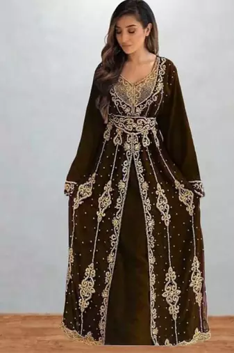 Luxurious brown Kaftan With Gold Work Stitched Dress