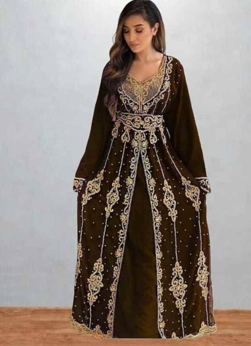 Luxurious brown Kaftan With Gold Work Stitched Dress
